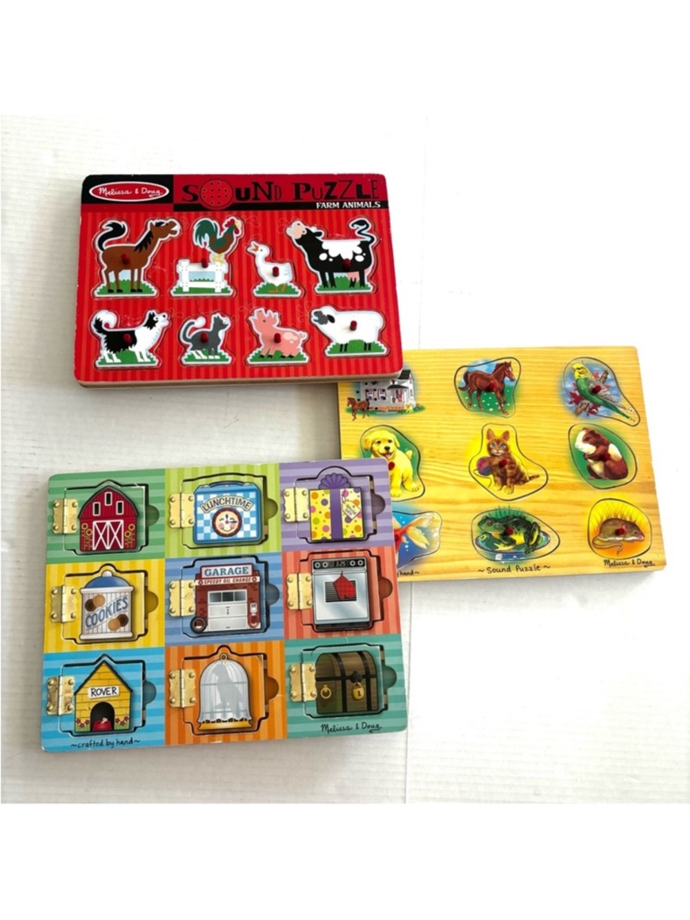 Melissa & Doug Wooden‎ Puzzles Bundle of 3 Hide & Seek Farm Sounds Hinged Doors